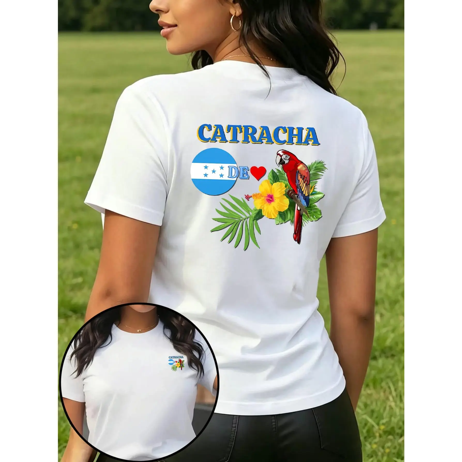 Women'S Casual Sport T-Shirt with Catracha Design, Honduras Flag, Parrot, Hibiscus Flower Palm Leaf on Back Inset Shows Small Front Logo, Ideal for Travel Or Cultural Pride