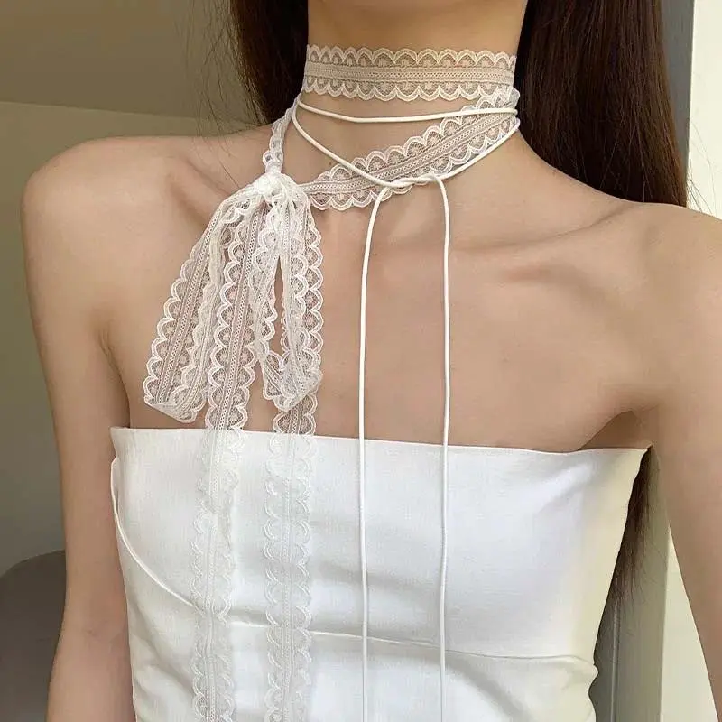 Retro White Black Lace Bow Choker Necklace for Women Fashion Double-layer Long Adjustable Chain Necklace Y2K Jewelry Gift