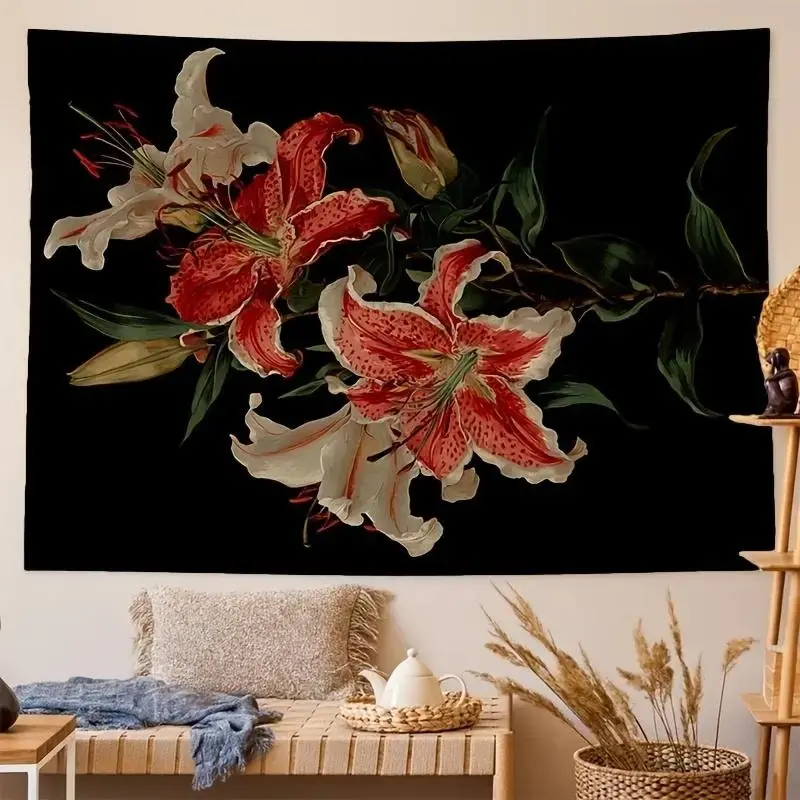 A black background vintage lily pattern, Flower pattern tapestry, with a horizontal design, made of 90gms polyester fabric, suitable for home decoration, comes with installation package, Tapestry Wall Hanging, Tapestry Room Decor