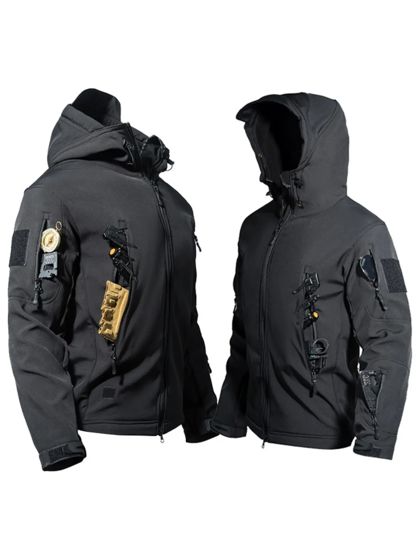 Men's winter heavy-duty multi-pocket tactical jacket, multi-pocket hooded coat, full-zip softshell coat, men's solid color sharkskin jacket, outdoor sports jacket suitable for hiking, camping, skiing, hunting, mountaineering, and outdoor training