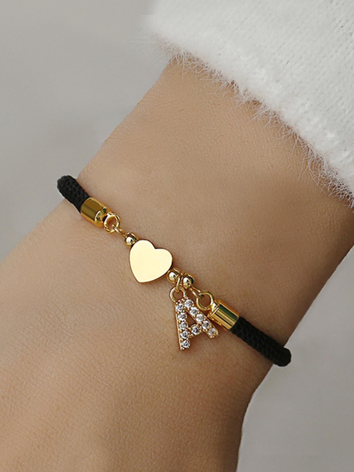 Initial Heart Charm Letter Link Bracelet, Fashion All-match Jewelry for Women, Retro Adjustable Rope Bracelet for Daily Use