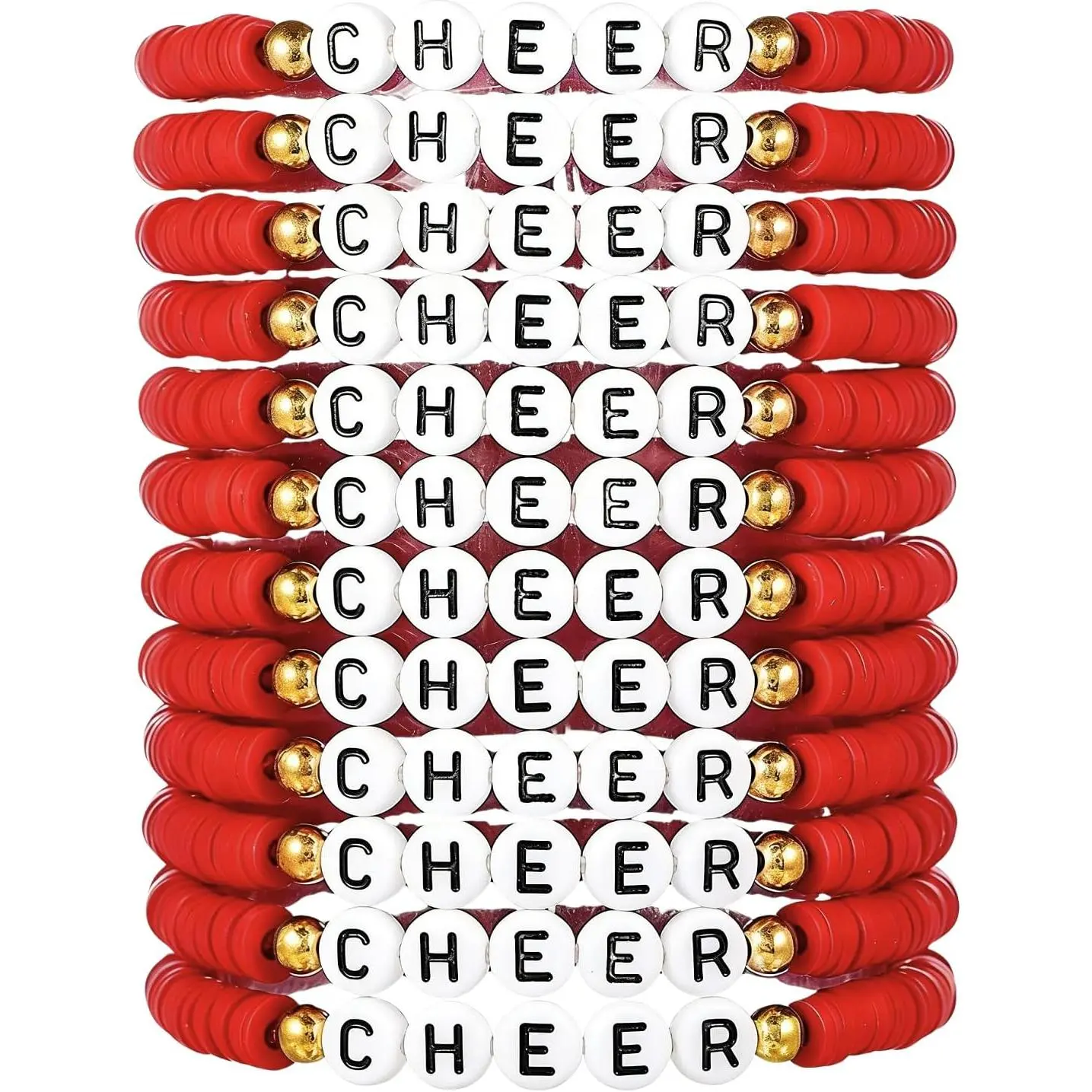 12-Count Modern Polymer Clay Beads Stretchable Bracelets, Multicolor Cheer Theme Letter Print Friendship Bracelets for Teams