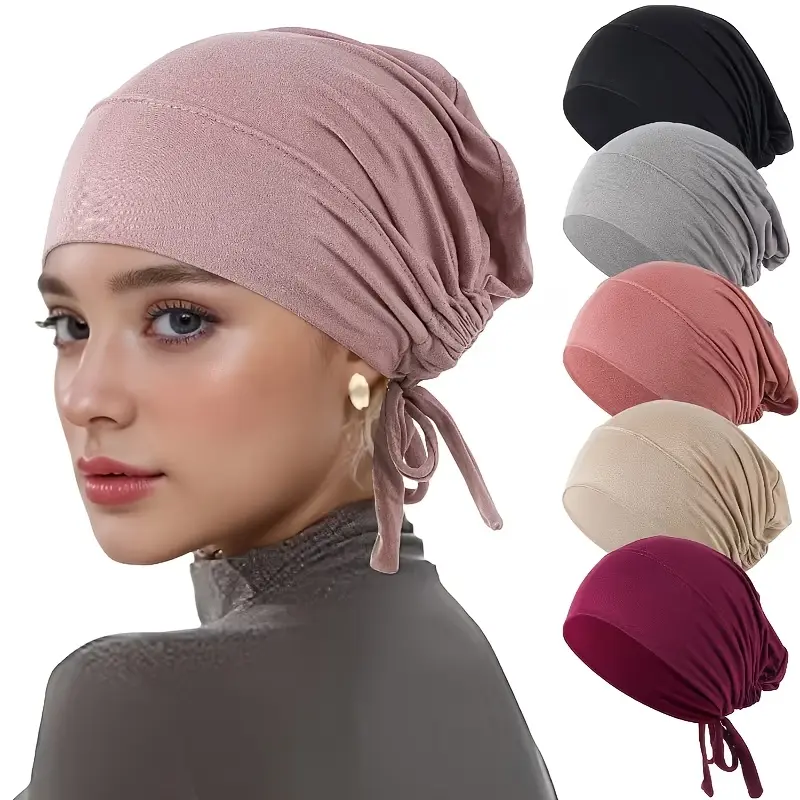 Women's Elegant Pre-Tied Elastic Fabric Head Wraps - 6pcs Female Solid Color Caps for Chemo, Sleep, Hijab Use, Fashion Headscarf, Pre-Tied Caps