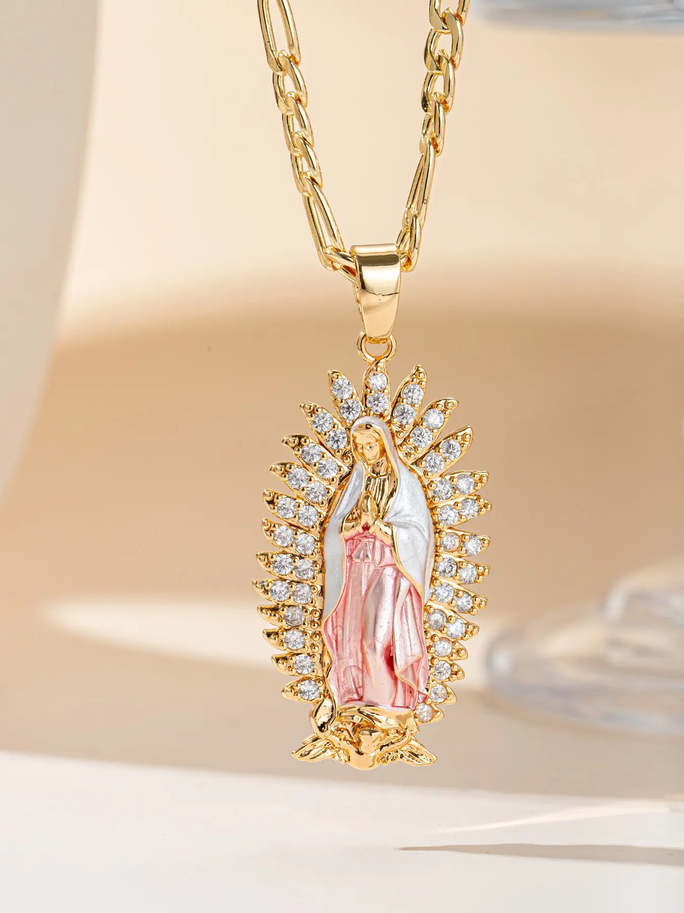 Elegant Virgin Mary 14K Gold Silver Pendant Faith Necklace Gift with Cubic Zirconia, Religious Jewelry for Easter and Mother’s Day