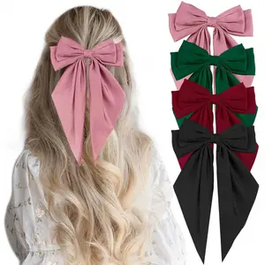 4 Pieces Hair Bows for Women Girls Large Ribbon Bow Hair Clips Hair Ribbons Bowknot with Long Tail Hair Barrettes Cute Hair Accessories for Teens Valentine's Day Gifts