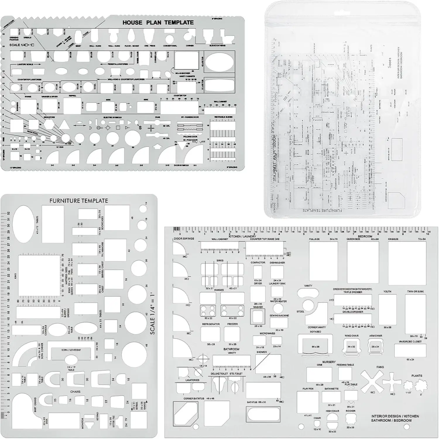 Architectural Templates, House Plan, Interior Design and Furniture Template, Drafting Tools and Supplies - Set of 3