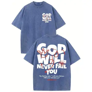 Men’s “God Will Never Fail You” Christian Faith T-Shirt | 230g Heavyweight Washed Retro Streetwear | Distressed Mint Green with White Inspirational Bible Verse | Drop Shoulder Relaxed Fit Short Sleeve Round Neck | Double-Sided Water Wash