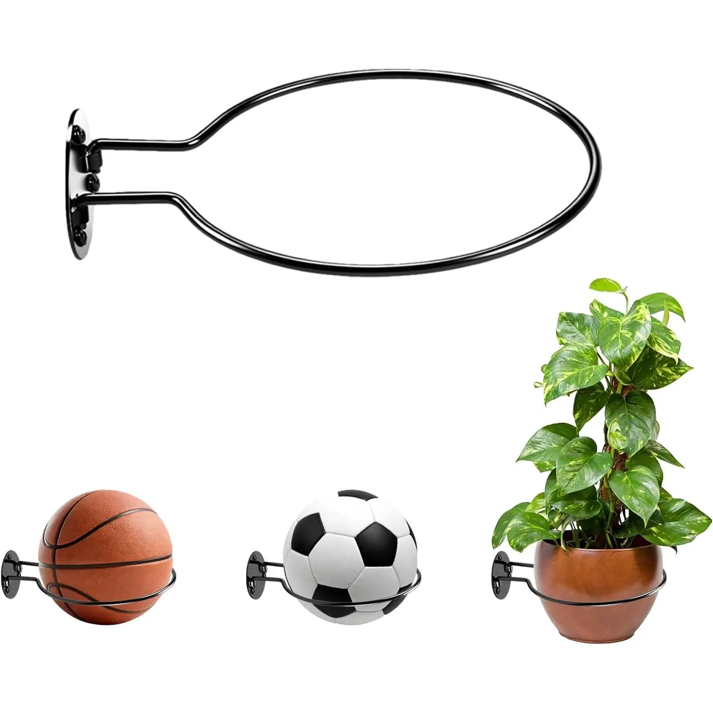 Metal Wall Mount Ball Holder Organiser - Decorative Minimalist Display Rack for Basketball, Football, Soccer, Easy Installation for Boys' Rooms Home Organization, Metal Frame