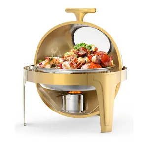 GARVEE 6.3 Qt Gold Stainless Steel Round Chafing Dish Buffet Set with Glass Window and T-Shaped Handle, Ideal for Catering, Parties, Banquets, and Events
