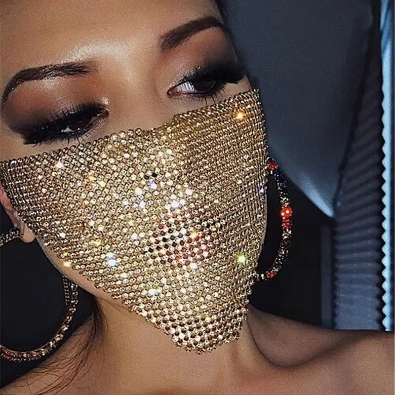 Women's Shiny Rhinestone Face Mask - Hollow Crystal Mesh Fashion Accessory with Adjustable Loops, Lightweight Neon Rose Gold Style for Rave, Birthday, Live Event Use, Accessories, Party, Rhinestones, Luminous, Masks, Club, Breathable, Plain