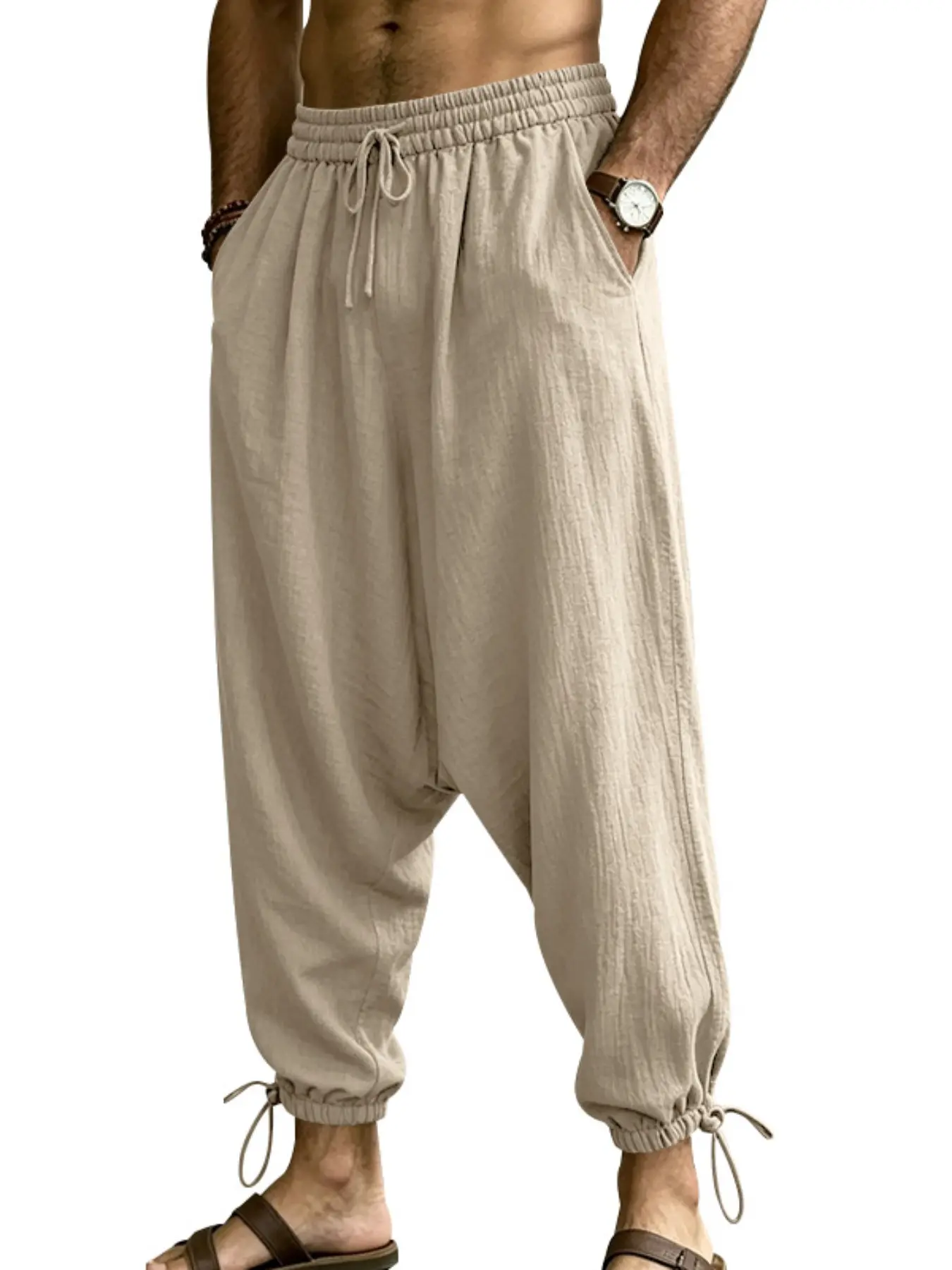 Men's Plain Linen Harem Pants, Elastic Waist, Loose-Fitting, Casual Style, Below the Knee, S-3xl, Durable and Easy Care