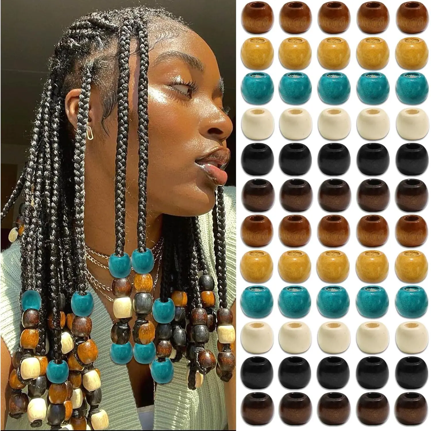 60 count Wooden Beads for Hair 6 Colors Large Loc Bead Dreadlock    Braids Beads Accessories Decoration for Unisex