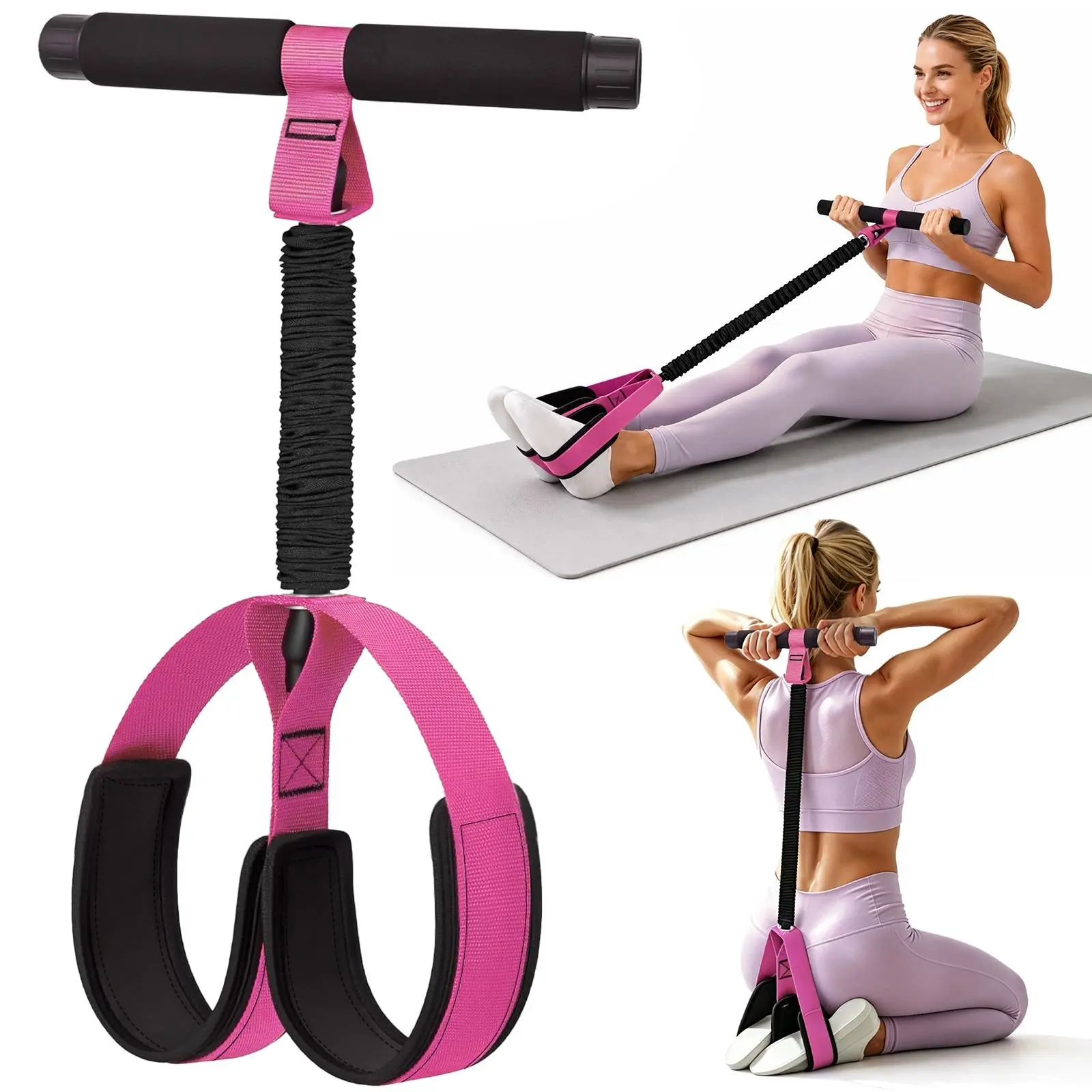 Bright pink resistance band with handles and foot pedals, ladies' fitness band, perfect for home sit-ups and workouts, suitable for full-body training, core toning, legs, glutes, and arm shaping.