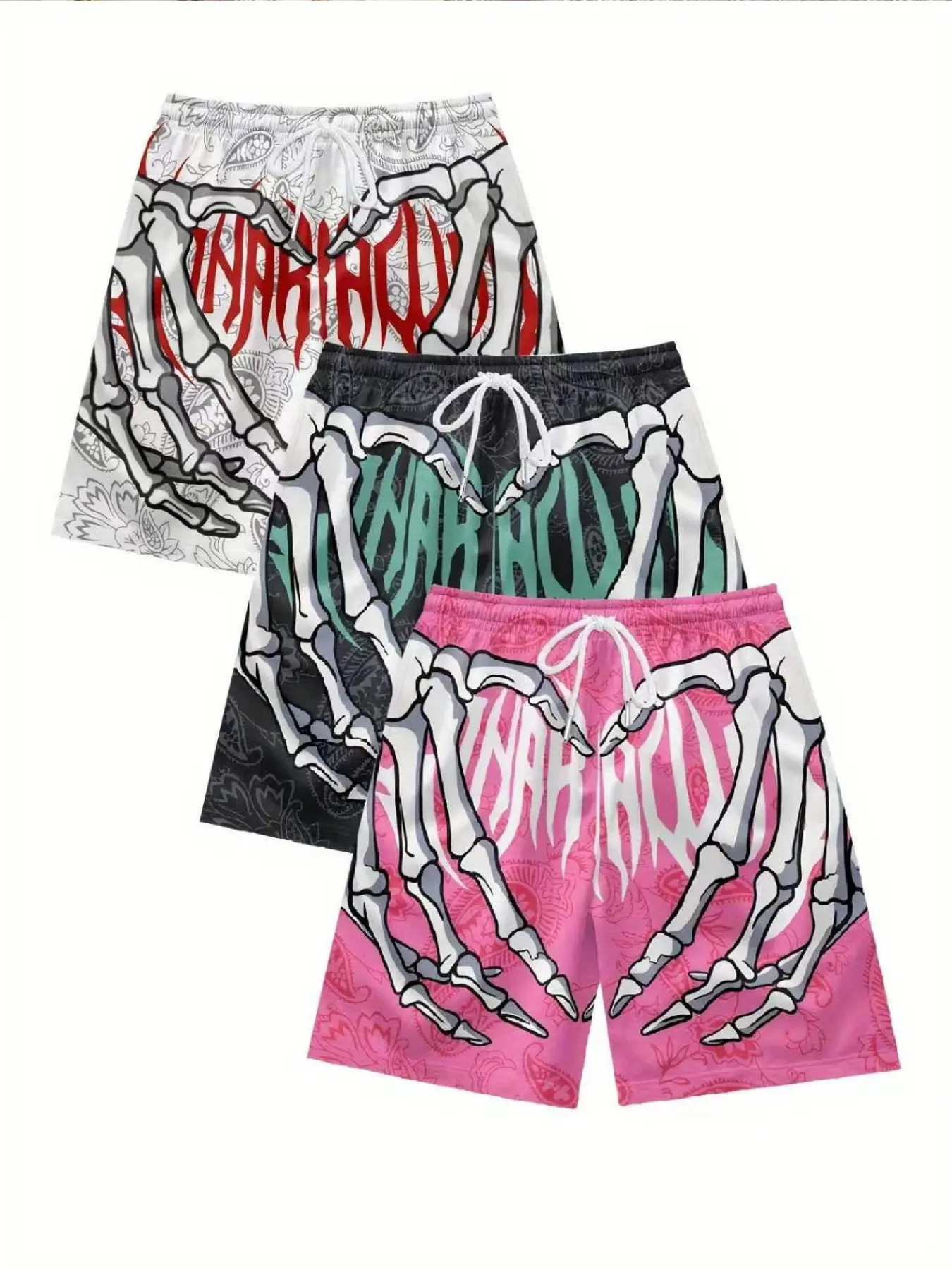 3 Pcs Men's Beach Shorts, Skull Hand Heart Letter Paisley All over Print, Casual Fitted Knee-Length Swim Trunks, Drawstring Waist, Summer Fashion