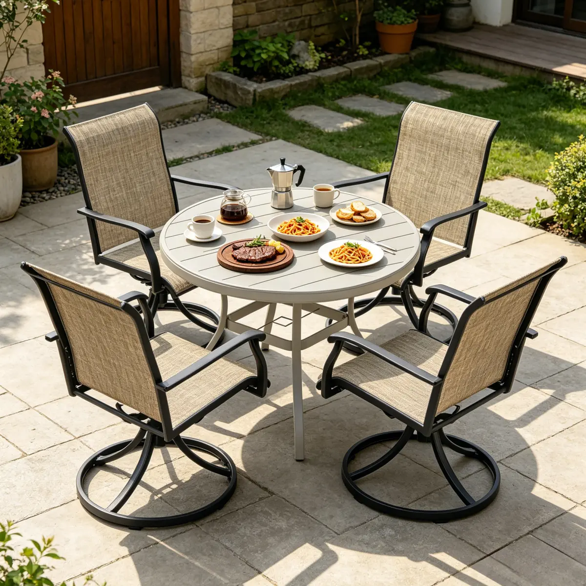 Aobtkel Outdoor Patio Furniture Set - Round Shape Dining Set for 4, Round Outdoor Table with Umbrella Hole, UV Resistant Swivel Mesh Fabric Patio Chairs, for Backyard Poolside WL, For Four