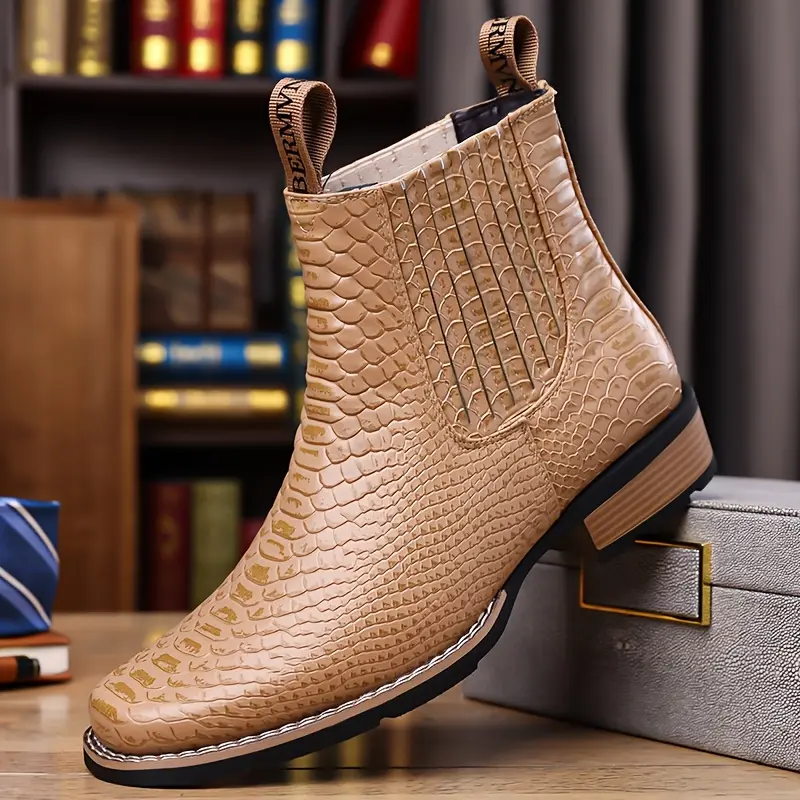 Crocodile Pattern Chelsea Boots for Men, Square Toe Slip-On Short Boots, British Style Retro Boots