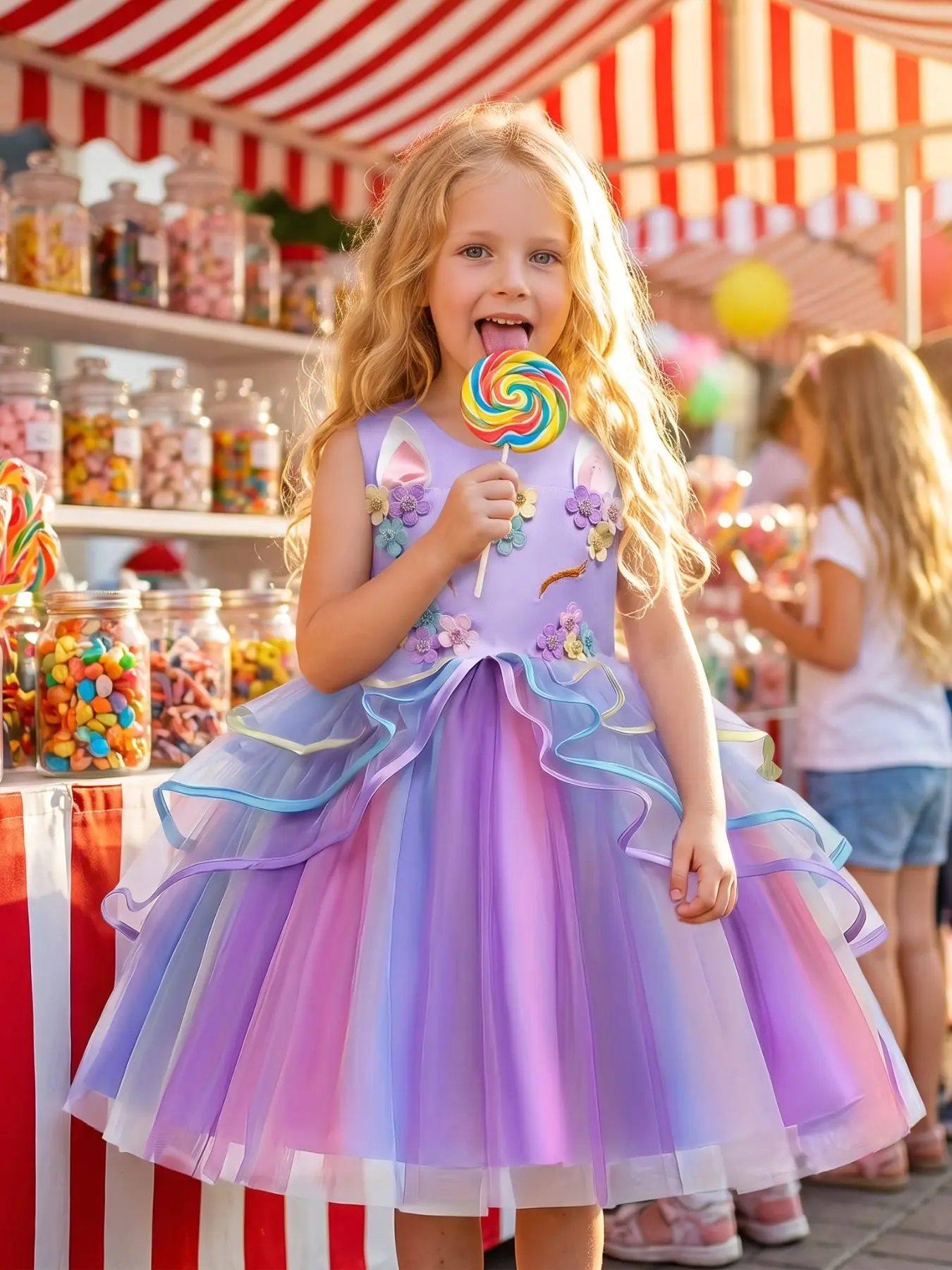 Girls Unicorn Short Skirt, Puff Dress with Standing Colorful Flower Ears, Gradient Rainbow Mesh, Fairy Princess Costume for Birthday Party, Costume for Parties