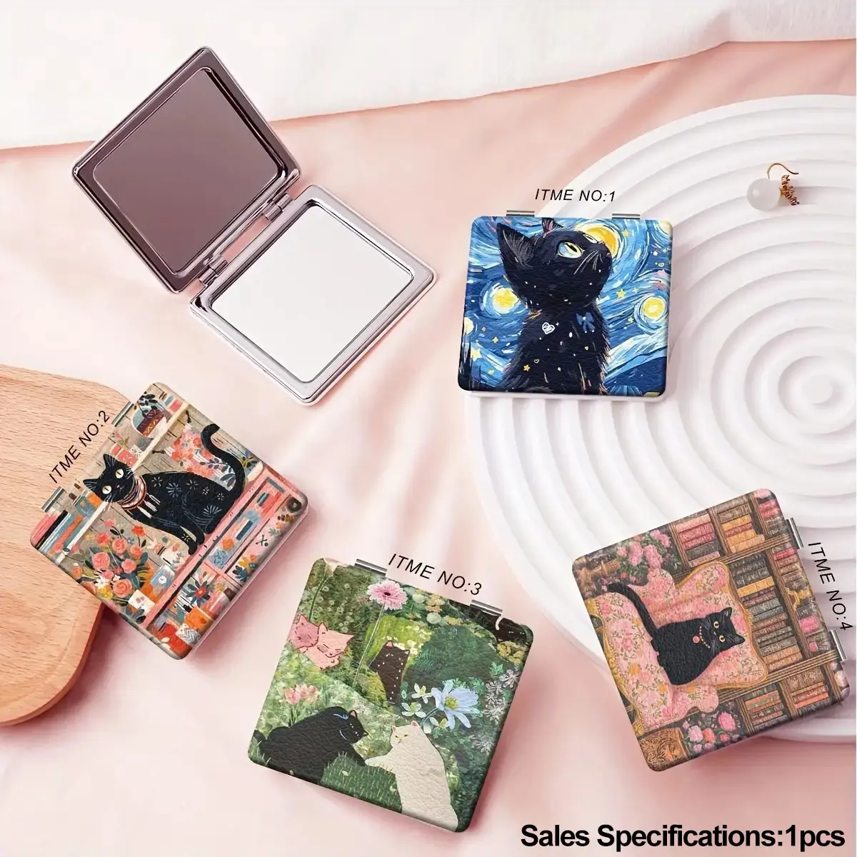 Van Gogh Starry Night Black Cat Foldable Compact Mirror, Cute Vintage Cat Art Portable PU Makeup Mirror, Travel Makeup Mirror, Aesthetic Hand Mirror Gift for Cat Lovers Birthday Valentine Wedding