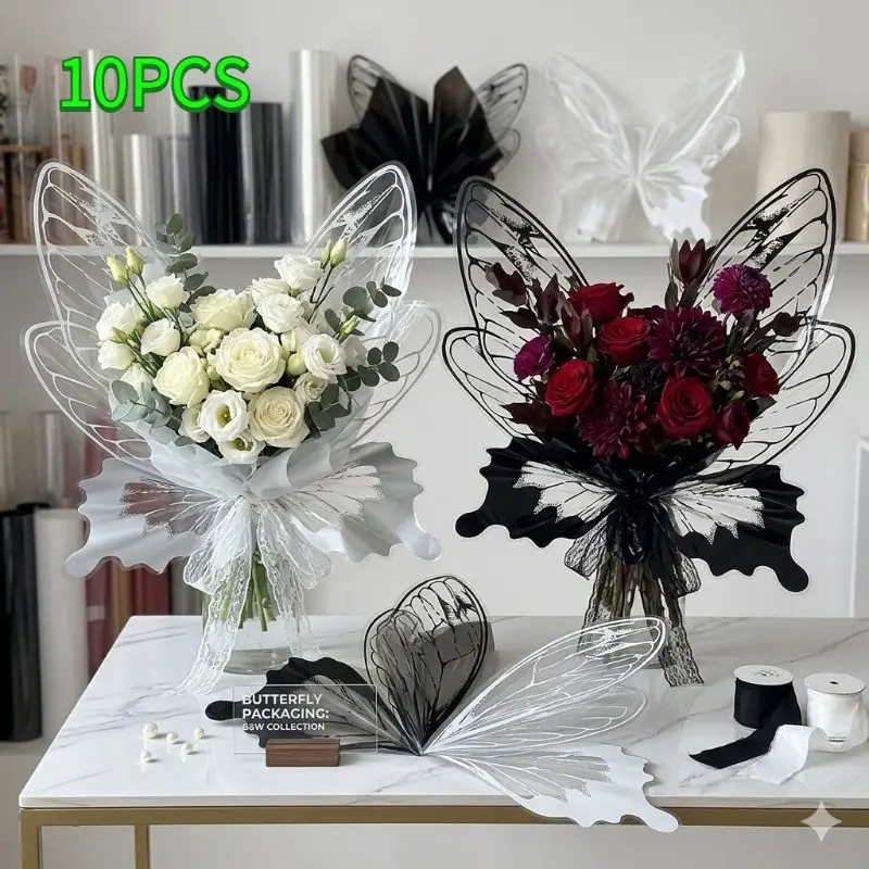 10 Pcs Waterproof Transparent Crystal Butterfly Floral Wrapping Paper, Premium Packaging, Light Luxury Style, Water & Stain Resistant, Clear Tough Bouquet Packing Material, Perfect for Florists, Valentine's Day, Wedding, Holiday Flower Gift Packaging