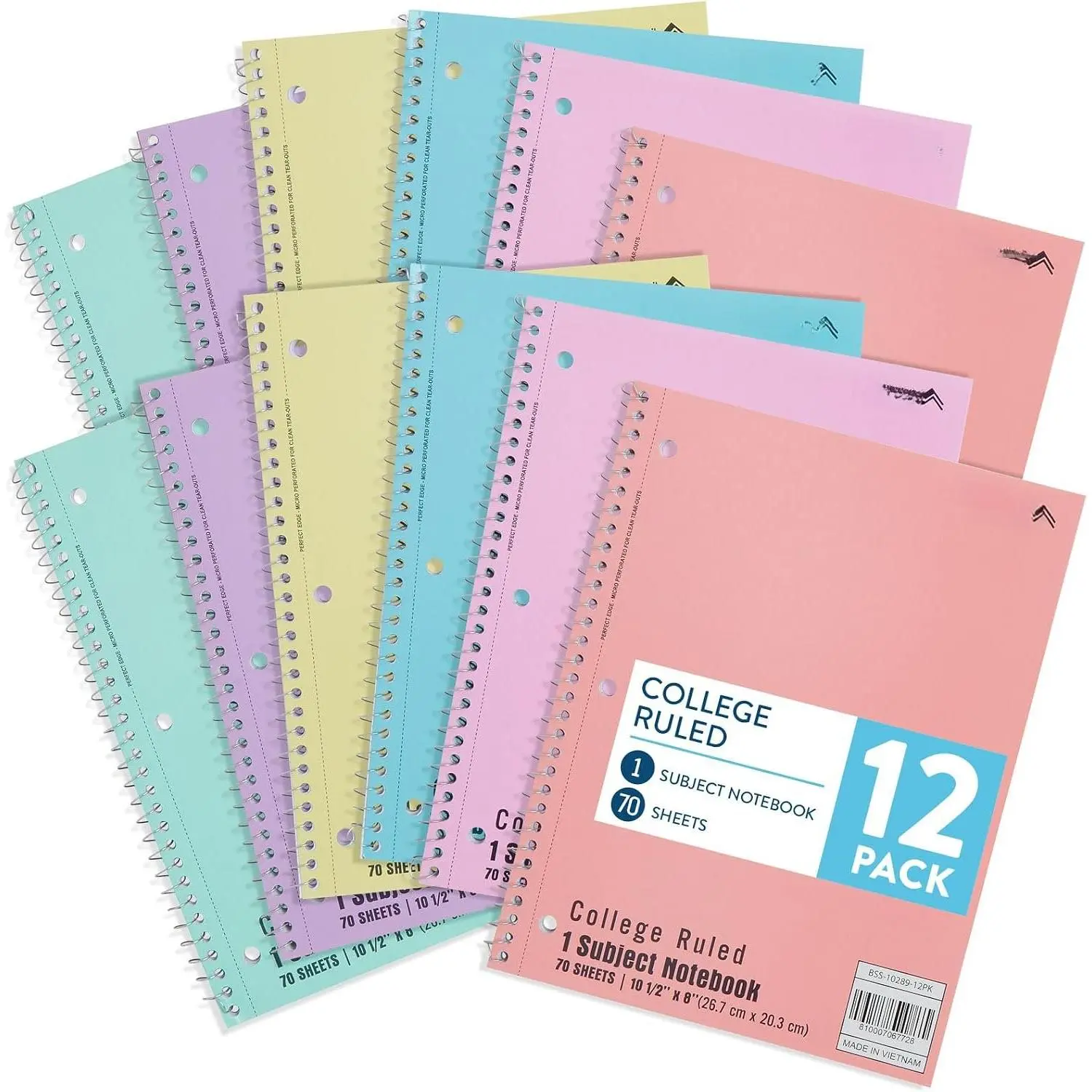 Pastel Spiral Notebook College Ruled,  Subject School Notebooks Spiral, Perforated Notebooks Bulk, 8 x 10.5 School Book, Paper, College Ruled, 12 Pack