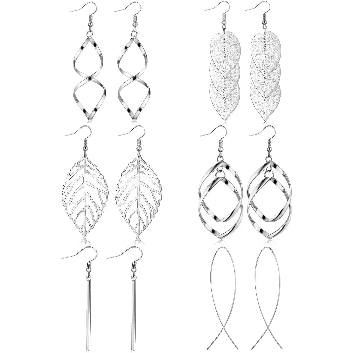 6-Pair Dangle Earrings Set for Women, Lightweight Minimalist Collection with Leaf, Bar, Twist & Threader Styles, Threader Earrings
