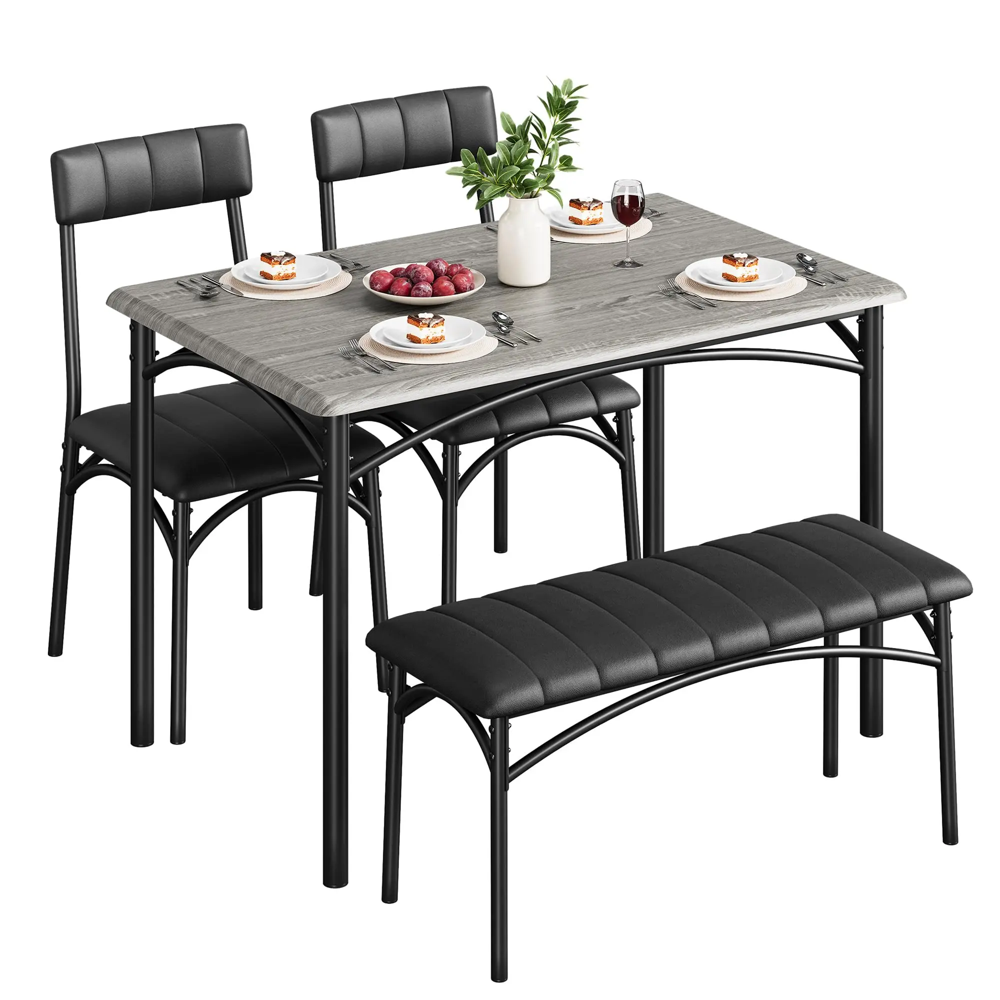 Rustic Gray 4-Person Indoor Dining Table Set - Wood Rectangular Table, Upholstered Chairs, Upholstered Seats Bench, Ideal for Small Spaces, Apartments