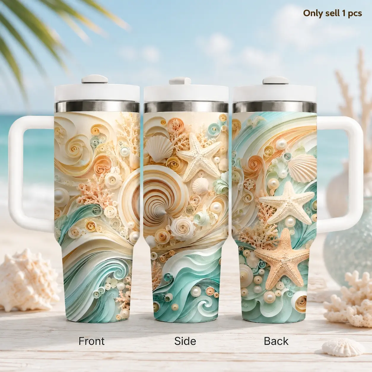 Seashell Coastal Beach Decor 40oz Tumbler, Ocean Inspired Stainless Steel Insulated Cup with Handle & Straw Lid, Travel Cup for Coffee, Water, Beach House, Summer Vacation, Office and Coastal Lifestyle Lovers Gift