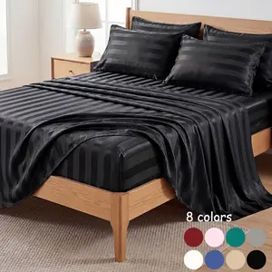 3/4pcs Satin Stripe Fitted Sheet Set, Dustproof Stain-Resistant Mattress Cover, Soft Cozy Skin-Friendly Breathable Cooling Bedding Set with 1 Fitted Sheet, 1 Flat Sheet and 2 Pillowcases for Bedroom, Dorm & Hotel, Multiple Sizes Available
