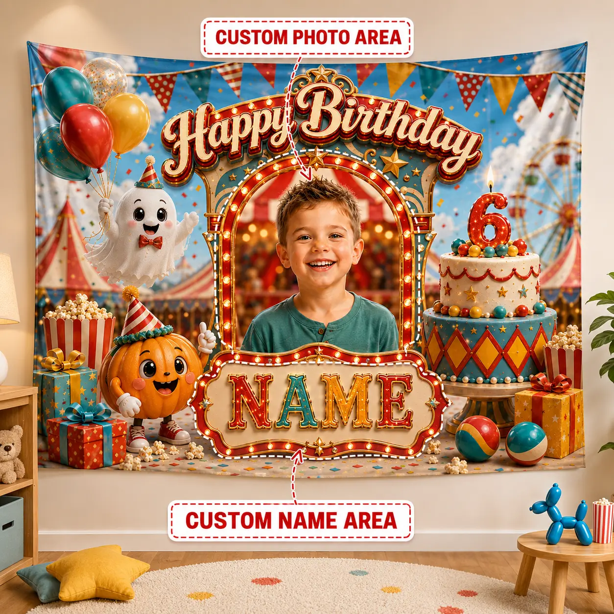 Personalized Carnival 6th Birthday Backdrop, Custom Photo and Name Party Banner