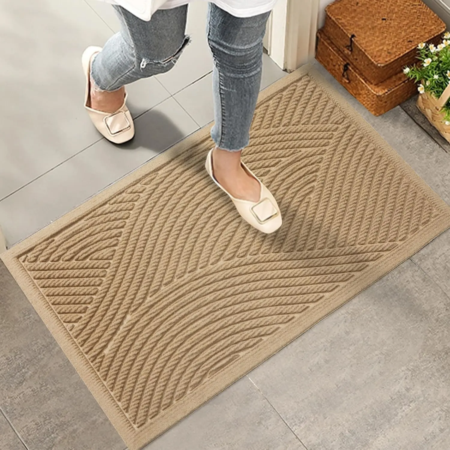 Sturdy Front Door Mat, Absorbent Muddy Dirt Resist Welcome Door Mats Outdoor Indoor, Stain and Fade Resistant, Non-Slip Backing Entry Mat Low Profile Doormat for Entryway, 29*17, Beige
