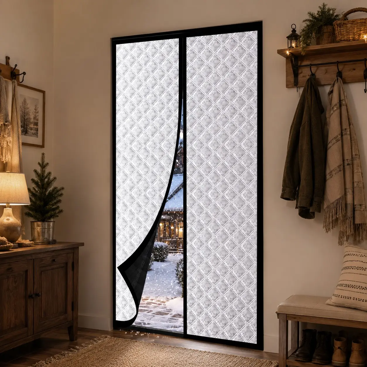 Cold Drafts Coming Through the Door? Thick Insulated Reliable Magnetic Door Curtain Helps Reduce Cold Air Entry and Keeps Your Home More Comfortable in Winter