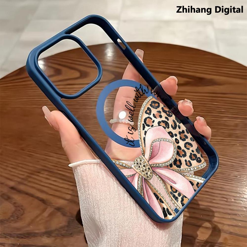 Leopard Print Bow Pattern Phone Case for iPhone 17 Pro Max Air 16 Plus 15 14Pro 13 12 11 Smartphone Magnetic Wireless Charging Compatible Protective MagSafe Support Shockproof Cover