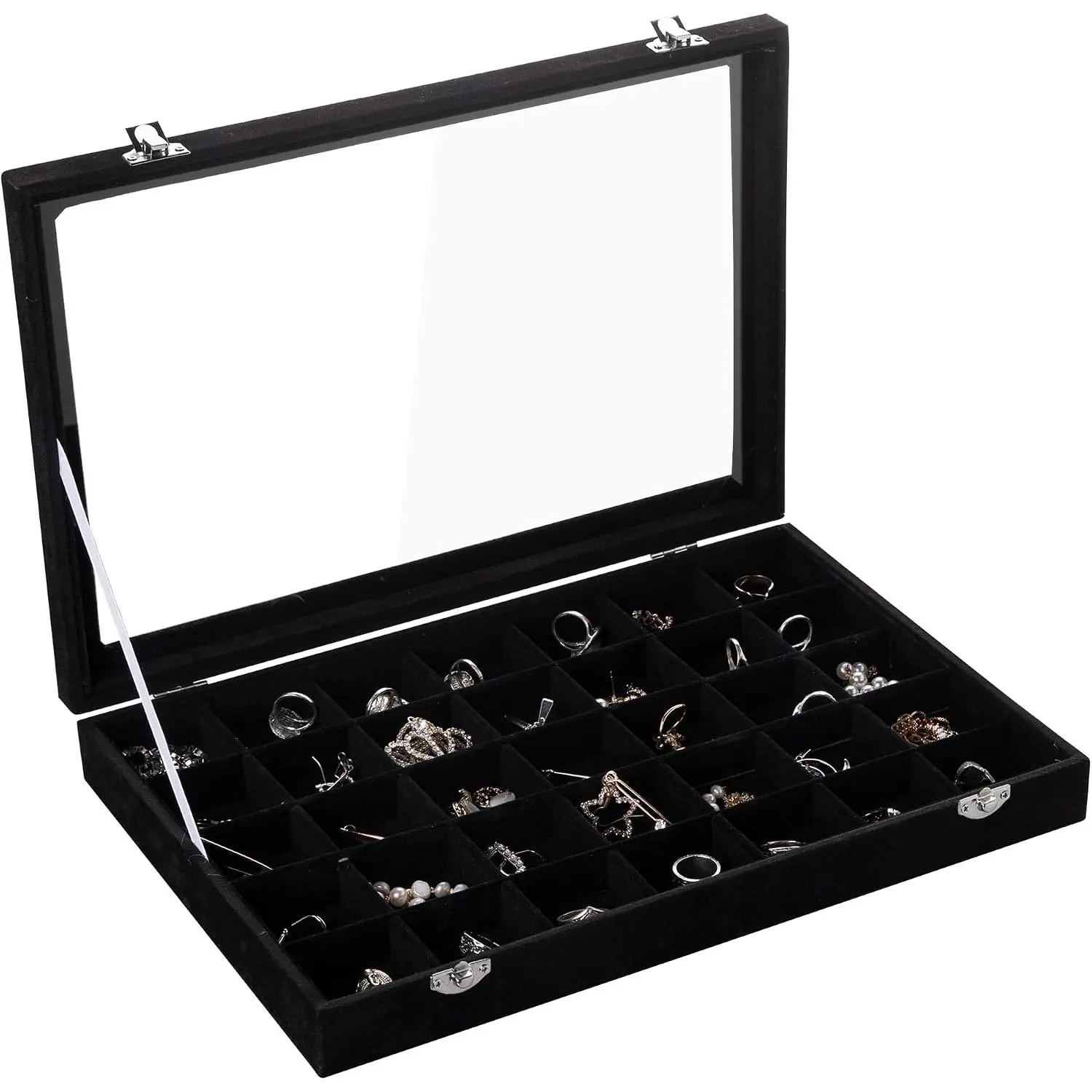 Tray,35 Grid  Organizer with Clear Lid,Earring Holder Organizer Case with Clasp,Drawer Insert for Rings Studs,13.8 x 9.5 x 2 Inches, for Women Girls(Black)
