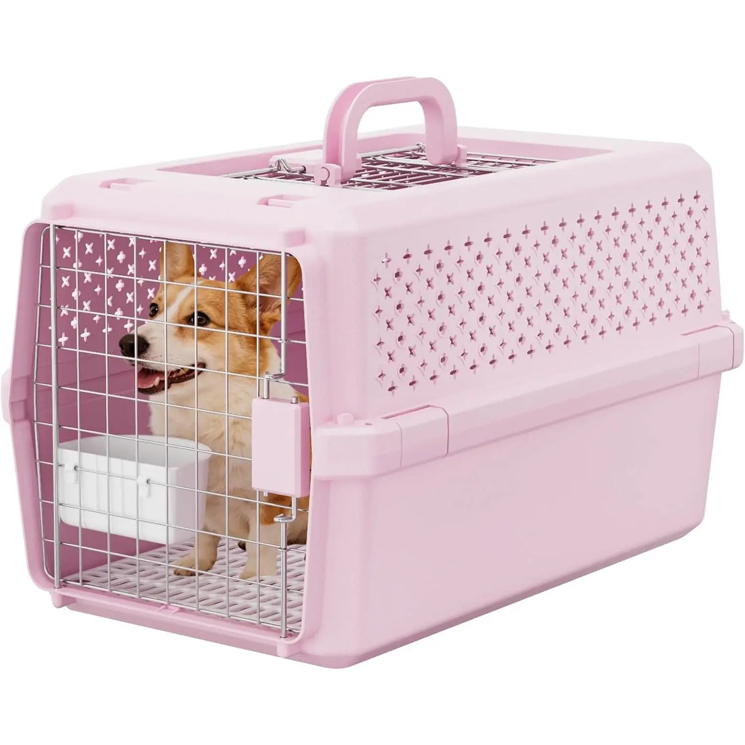 Pets Spree Hard-Sided Pink Pet Carrier, Portable Crate for Medium Dogs & Cats, Durable Plastic with Metal Door & Ventilation, Ideal for Weekend Outings & Air Travel