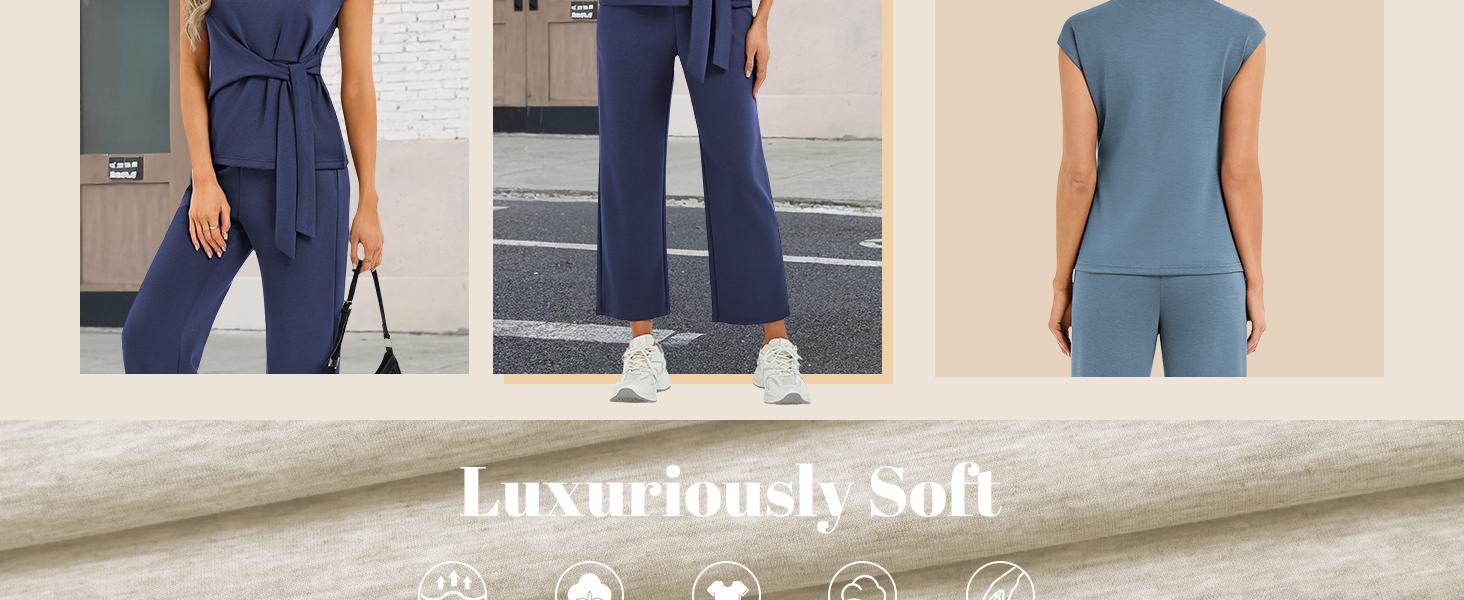 Casly Lamiit Women's 2 Piece Set - Soft Fabric Round Neck Cap Sleeve Top with Belted Tie & Crop Wide Leg Pants - Versatile Travel & Everyday Wear #Springfresh