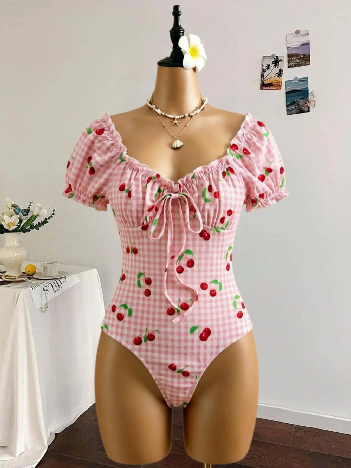 Women's Ruffled Bubble Short Sleeve Cherry Romper with Front Tie and Ruffle Sleeves, Elegant Summer Vacation, Stylish and Comfortable