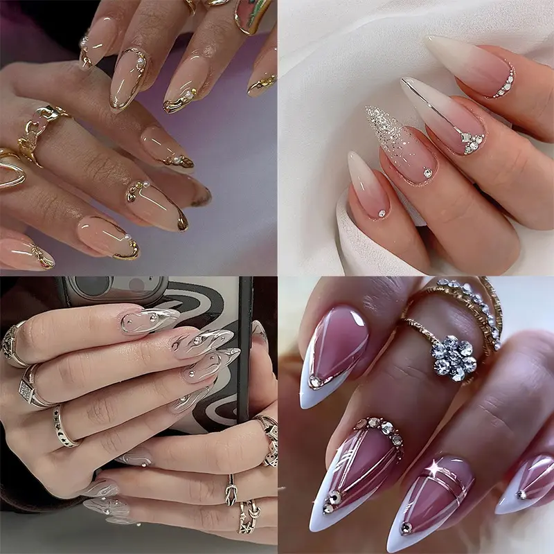 Cross-Border Hot-Selling Nail Tips with Glitter Diamonds Collection European and American Hot Girl Style White French Flower Long Wearable Nails Wholesale