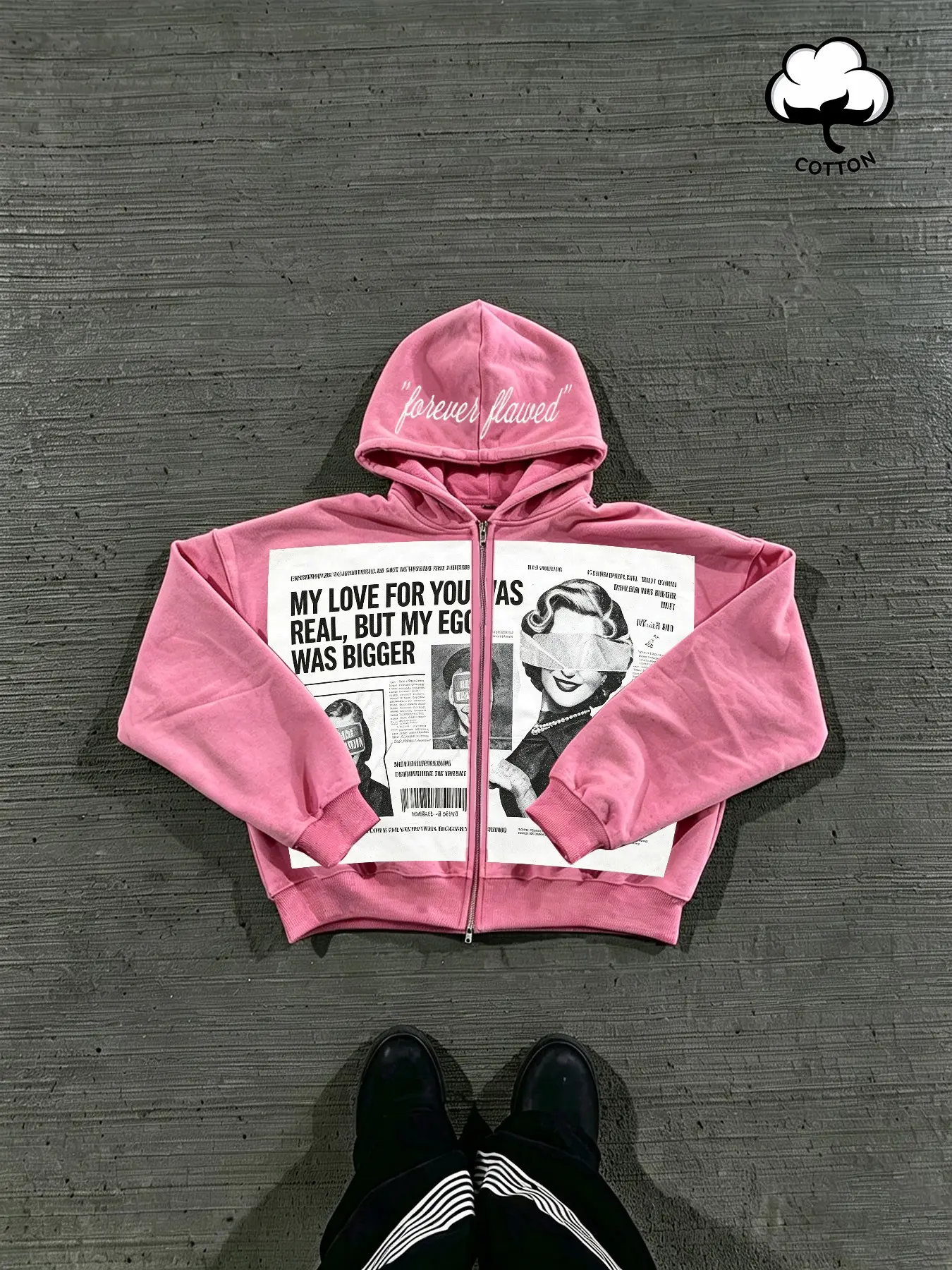 Men's Fall Winter Zipper Hooded Sweatshirt, Pink Retro Newspaper Portrait Print Coat, for Casual Streetwear, Campus Daily Wear