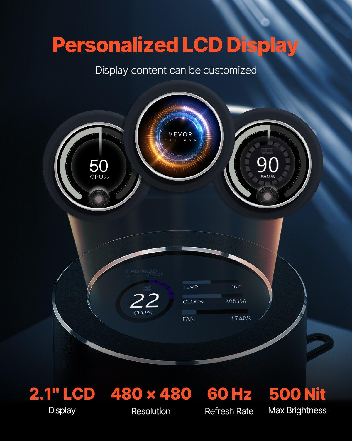 VEVOR CPU Liquid Cooler, AIO CPU Water Cooler - 120mm PWN Fans & Pump, Customizable Black PC Liquid Cooler with 2.1'' LCD Display & ARGB light, for Intel 115X/1366/2011/1700/1200, AMD AM4/AM5