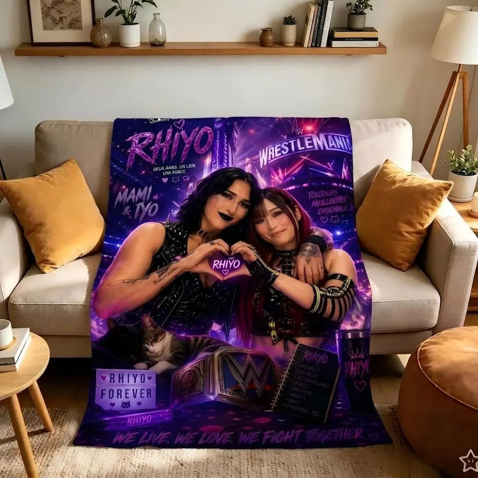 Wwe Wrestle Mania Theme Blanket, Rhiyo Dual Cp Print, Champion Belt, Cat, Exclusive Rh Iyo Logo, French/english Slogan, Punk Wrestling Style, Print Throw Blanket