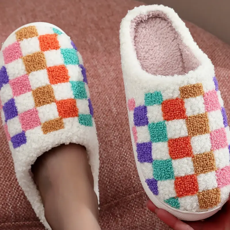 Soft Plush Colorful Grid Slippers, Rainbow Embroidered Indoor Outdoor Shoes, Casual Home Slippers, Fuzzy Warm Slippers, House Slipper, Warm Non-Slip Winter Christmas Gift for Men Women