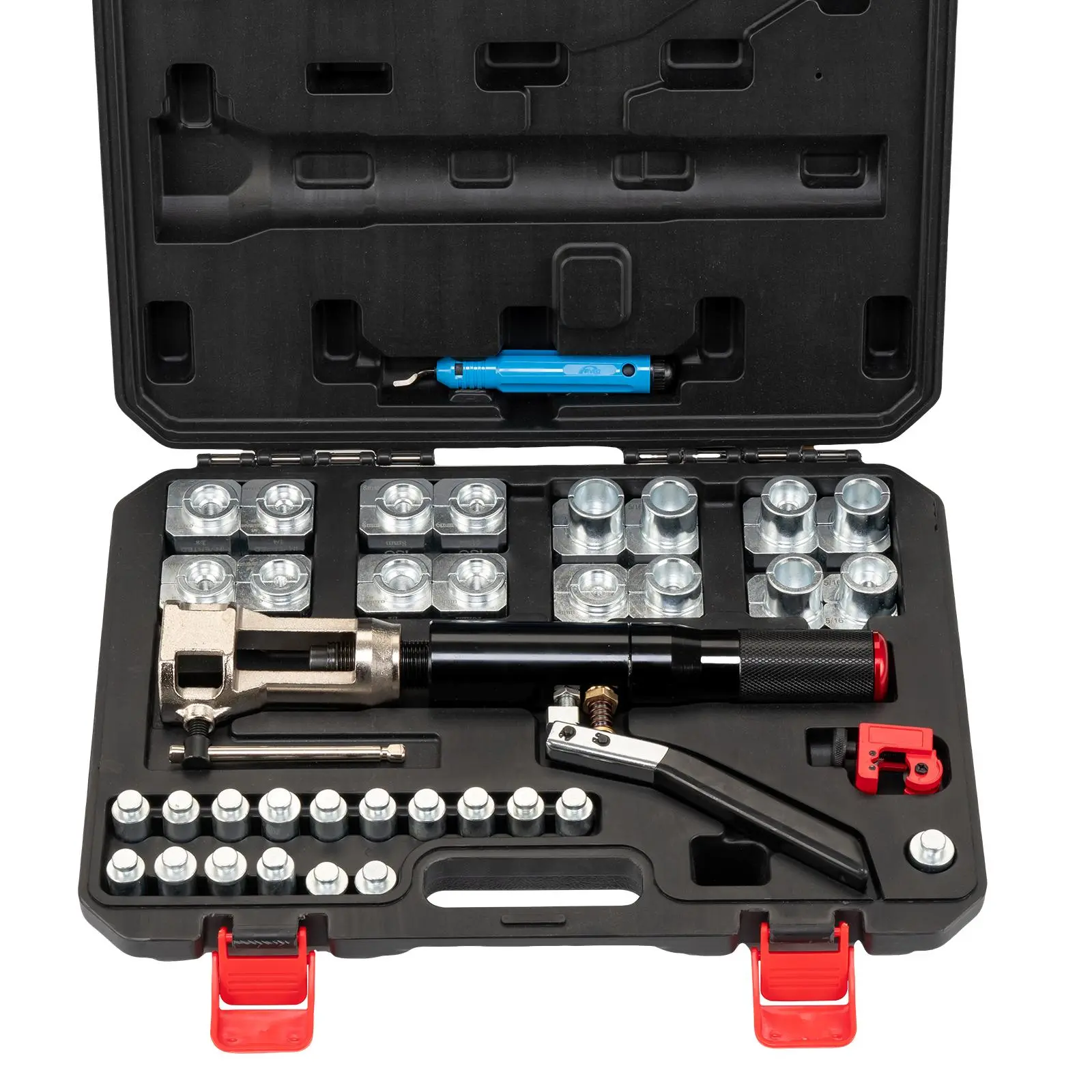 Professional Hydraulic Flaring Tool Kit 33 Piece Brake Line Flaring Tool Set 45 Degree Double Single ISO Bubble Flares for 3/16 to 1/2 Tube Copper Steel Fuel Line Repairs Automotive Hydraulic Tubing Tool with Cutter Case