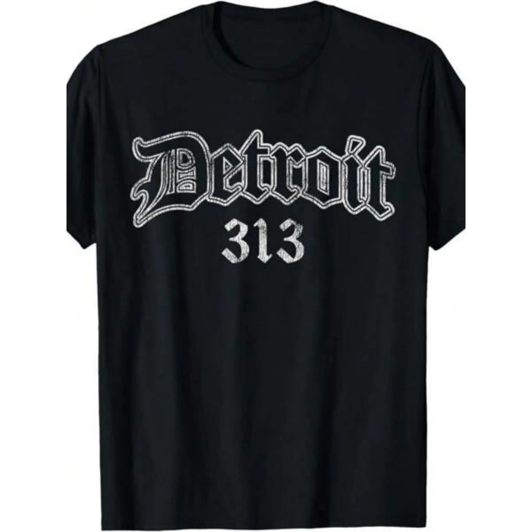 Men's Vintage Detroit Michigan 313 Cotton Short-Sleeve Round Neck Drop Shoulder Tops - Knit, Slight Stretch, Alphabet Positioned Print, Geometric, All Seasons Clothes, Plus Size Streetwear for Daily Activities