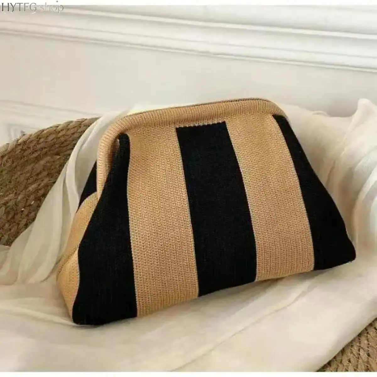 Women Striped Woven Clutch Purse, Compact Lightweight Polyester Dumpling‑Style Handbag, Ruched Fold‑Over Design, Trendy Soft‑Body Evening Pouch, Versatile Fashion Accessory for Daily Casual Outings, Dating and Weekend Social Occasions