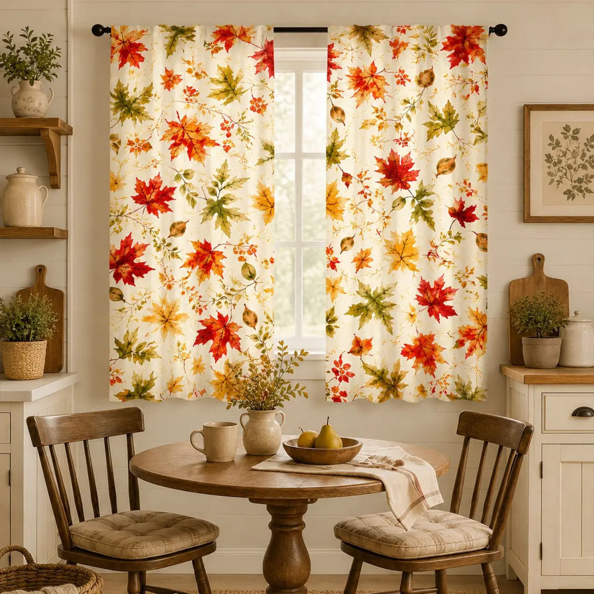 2-piece warm-toned red and orange autumn leaf print cream-colored semi-blackout curtains for bedrooms, pocket rod installation, made of polyester, suitable for living rooms, kitchens, bedrooms, studies, hotels, etc.
