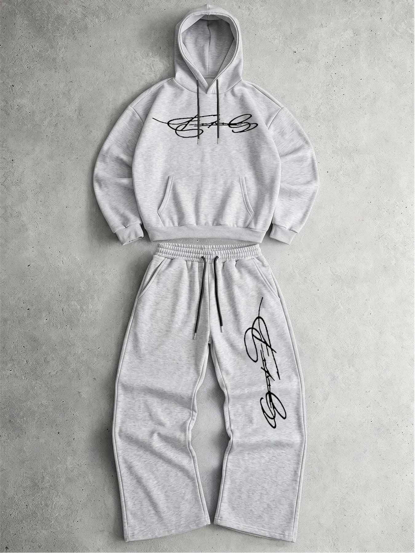 Gray casual set, hoodie with artistic signature font print, elastic drawstring wide-leg sweatpants, soft and comfortable fabric, loose fit street casual sports set, a must-have for everyday relaxed wear #TwoPieceSet #CasualStreetStyle
