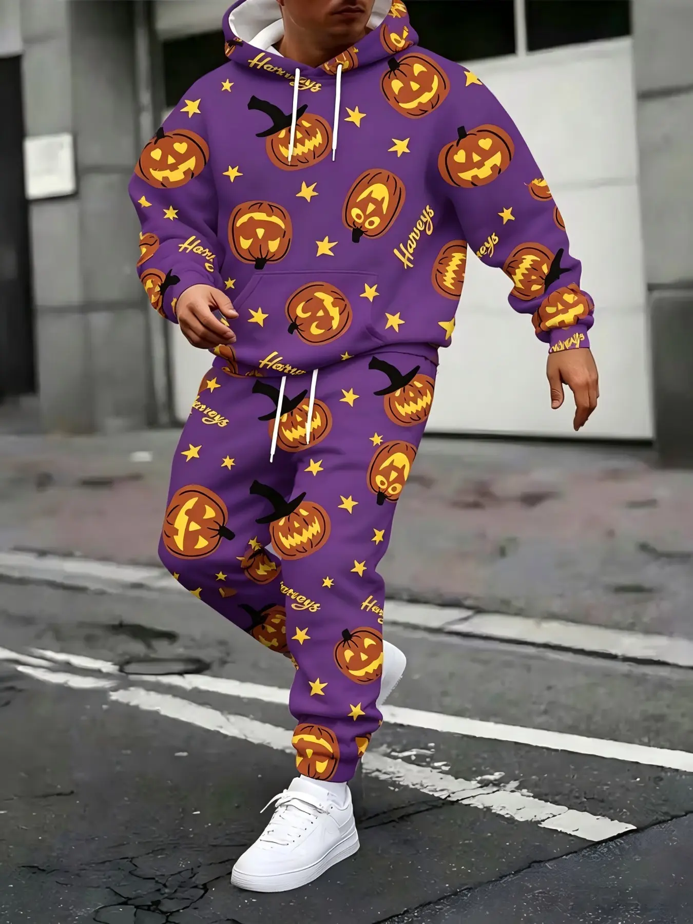 Halloween Full Print Hoodie and Pants Set, Ghost Pumpkin Bat Cartoon Loose Fit Casual Sports, Two-Piece Halloween Costume