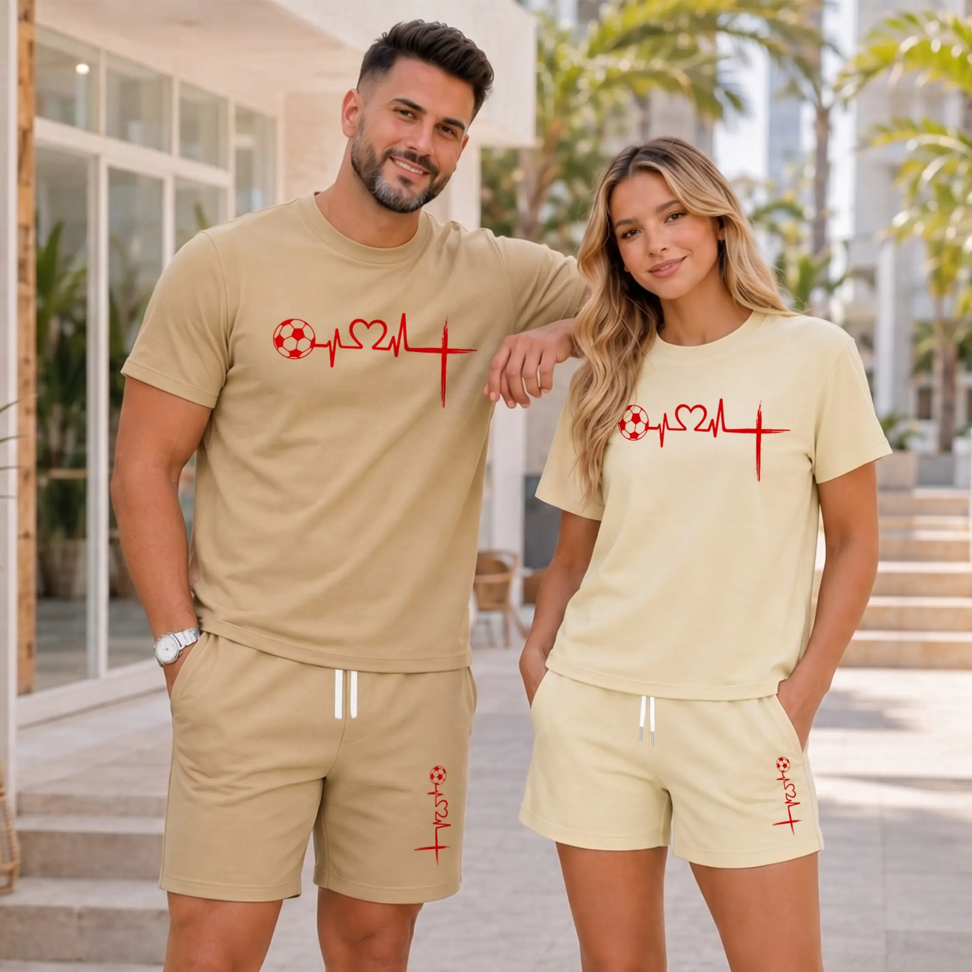 Couples Matching Soccer Heartbeat T-Shirt and Shorts Set, Love Heart Cross Graphic Print Two Piece Outfit, Casual Summer Matching Set for Couples, Game Day, Beach Vacation, Date Outfits, Travel, and Daily Wear