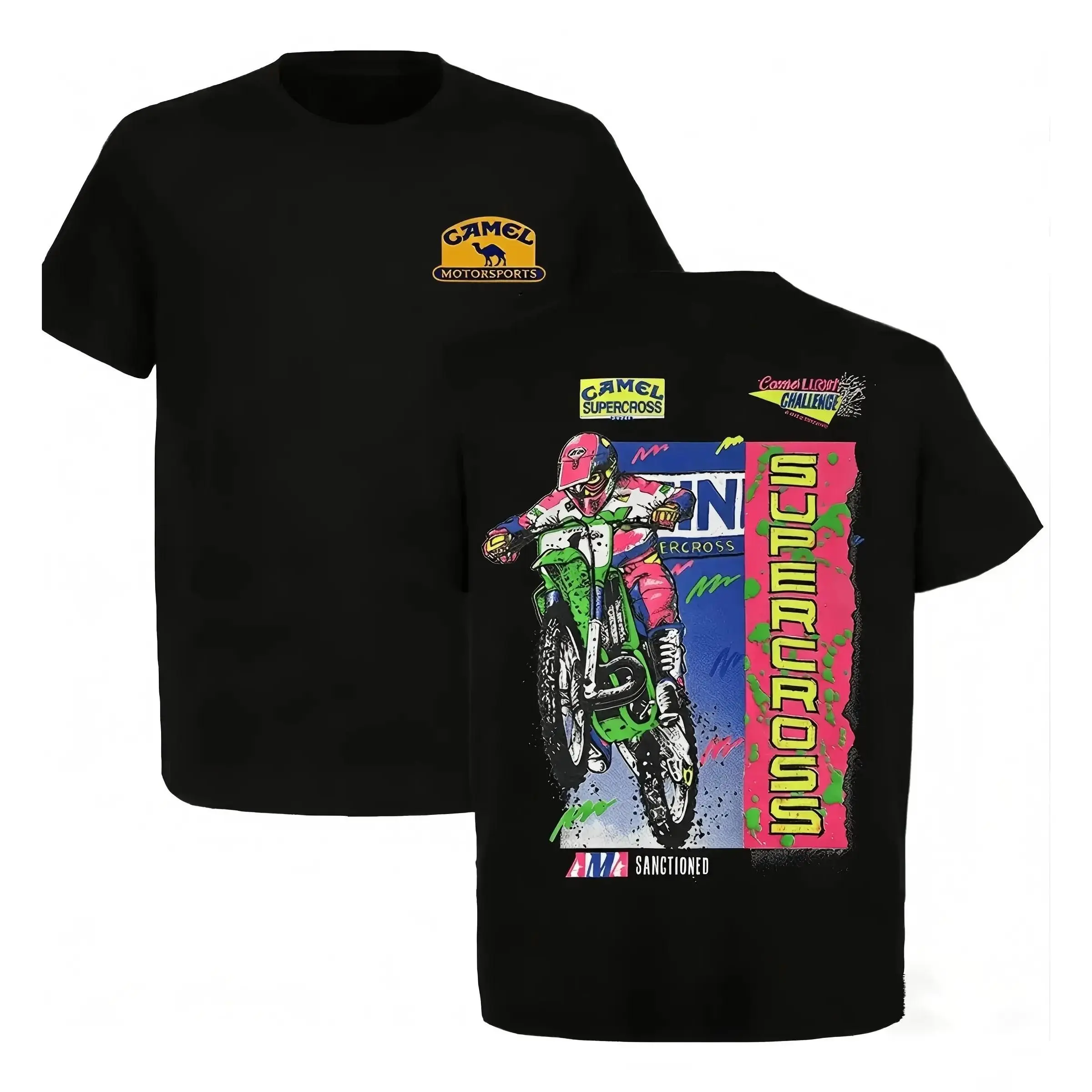 Men's Casual Short Sleeve Vintage T-Shirt - Men's Graphic Tee with 90s Supercross Motocross Graphic, Neon Racing Print Tops for Casual Wear, Vintage T Shirts, Retro, Mens Gifts, Cool Gifts For Guys, Motocross Art, Casual Streetwear With Racetrack Edge
