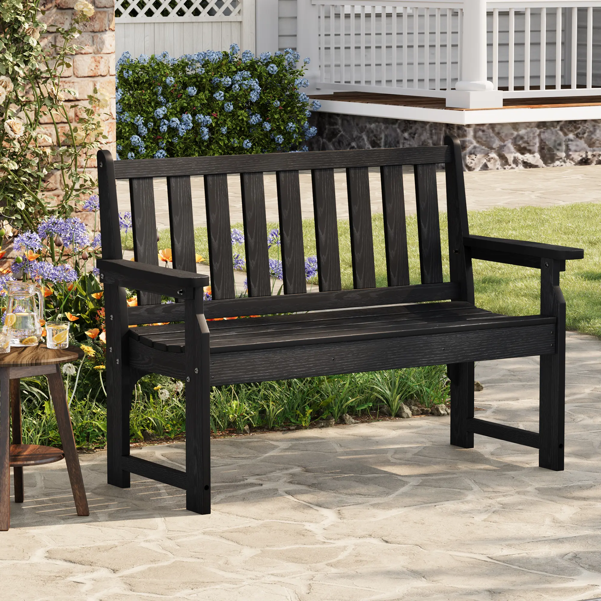 Black Heavy Duty 2-Person Outdoor Bench, 800 LBS All-Weather Sturdy Patio Garden Seating with Classic Style for Backyard
